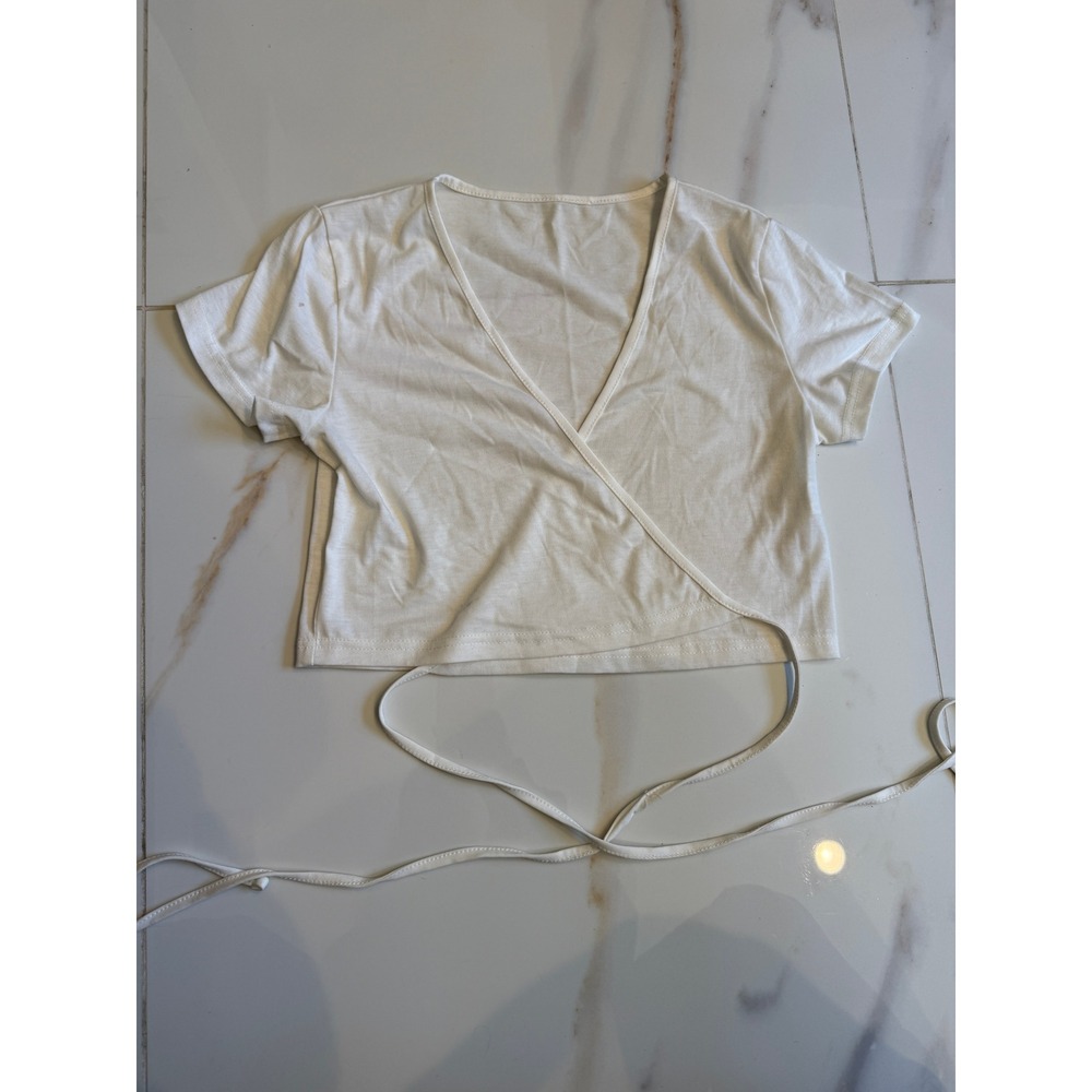 Unbranded White Short Sleeve Wrap Crop Top V-Neck Tie Waist Tee Womens